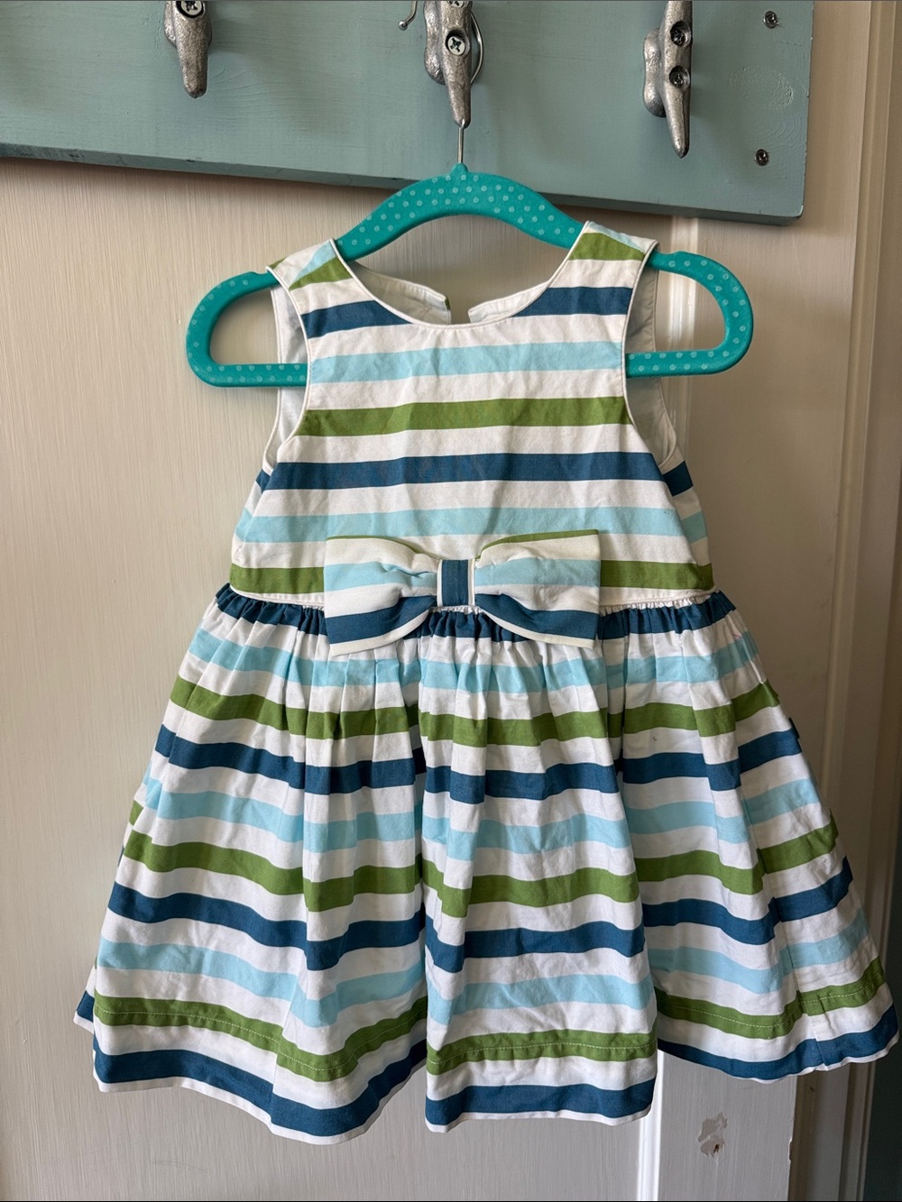 Janie and Jack Striped Bow-Front Formal Dress in Blue, Green & White